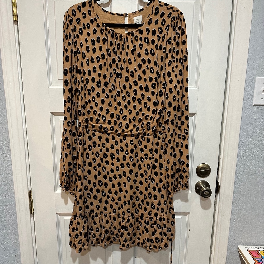 A New Day Dress Leopard Long Sleeve Round Neck Keyhole Back Tie-Waist XXL